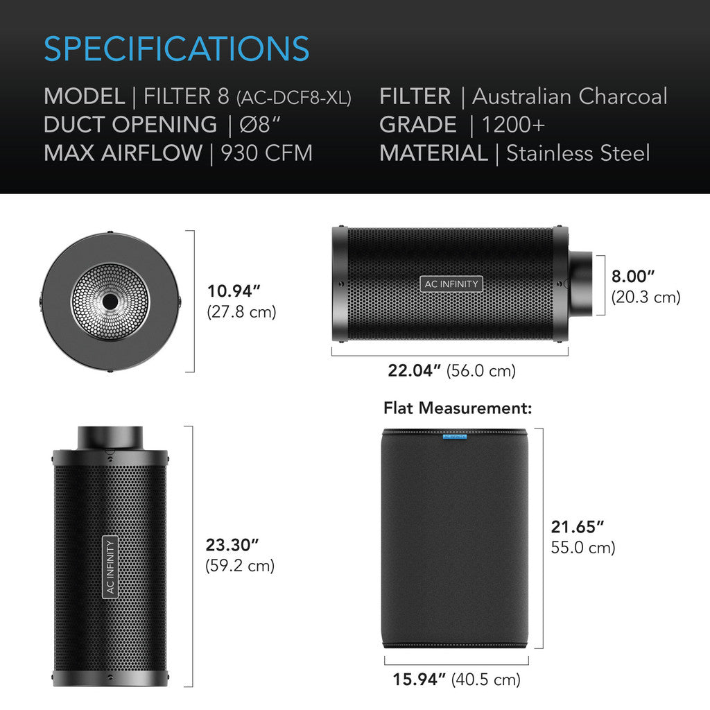 AC INFINITY DUCT CARBON FILTER XL, AUSTRALIAN CHARCOAL, EXTRA LARGE, 8-INCH