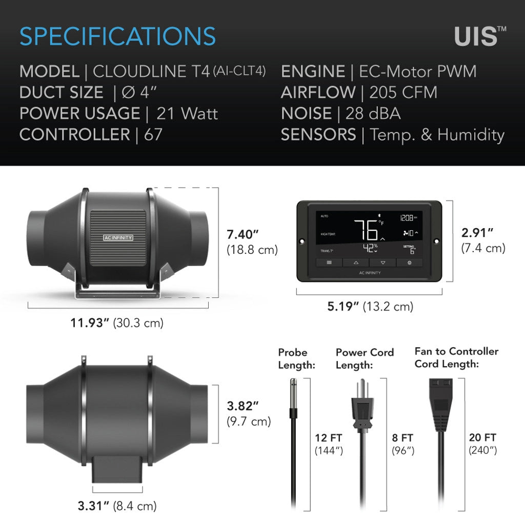 AC INFINITY CLOUDLINE T4, QUIET INLINE DUCT FAN SYSTEM WITH TEMPERATURE AND HUMIDITY CONTROLLER, 4-INCH
