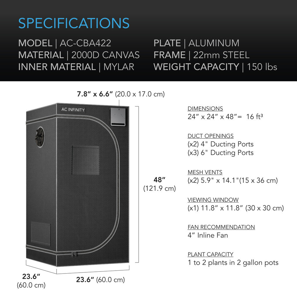 AC INFINITY CLOUDLAB 422, ADVANCE GROW TENT 2X2, 2000D DIAMOND MYLAR CANVAS, 24" X 24" X 48"