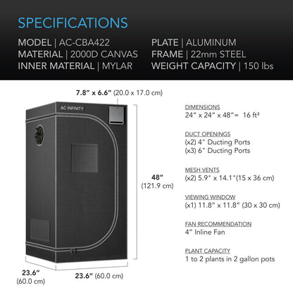 AC INFINITY CLOUDLAB 422, ADVANCE GROW TENT 2X2, 2000D DIAMOND MYLAR CANVAS, 24" X 24" X 48"