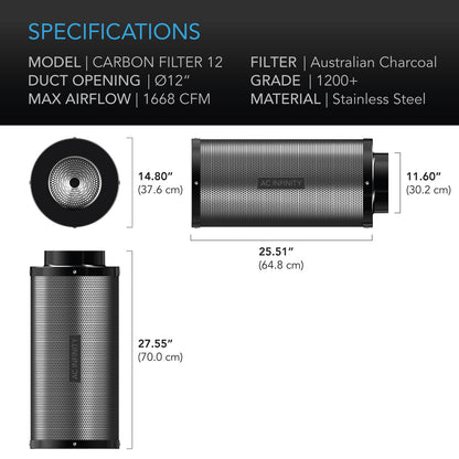 AC INFINITY, DUCT CARBON FILTER, AUSTRALIAN CHARCOAL, 12-INCH