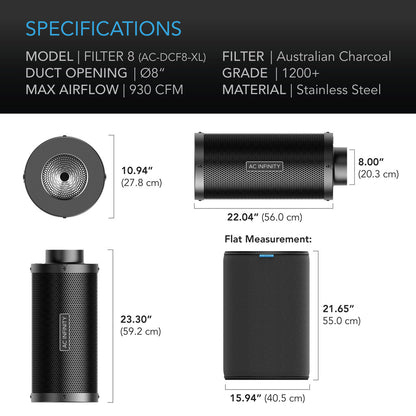 AC INFINITY DUCT CARBON FILTER XL, AUSTRALIAN CHARCOAL, EXTRA LARGE, 8-INCH