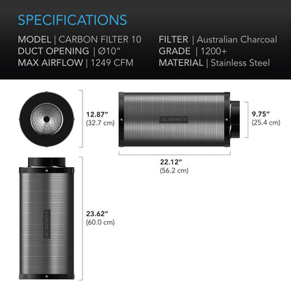 AC INFINITY, DUCT CARBON FILTER, AUSTRALIAN CHARCOAL, 10-INCH