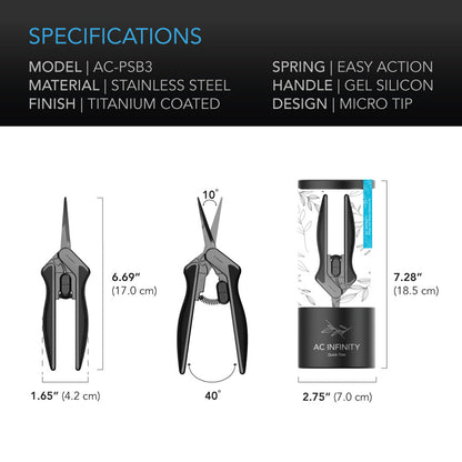 AC INFINITY STAINLESS STEEL PRUNING SHEAR WITH CLEANING KIT, ERGONOMIC LIGHTWEIGHT, 6.6” STRAIGHT BLADES